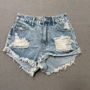 Y2K Denim Booty Shorts Women's XS Blue Light Wash High Rise Cut Off‎ Distressed